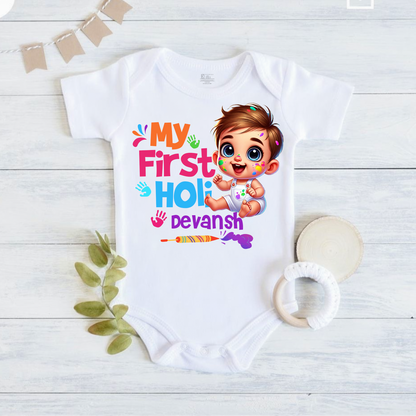 New Born & Baby Clothing | Baby My First Holi Dress with Customized Baby Boy Name | Soft Cotton