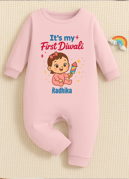 My First Diwali With Customized Baby Girl Name  _  Full Pink Romper