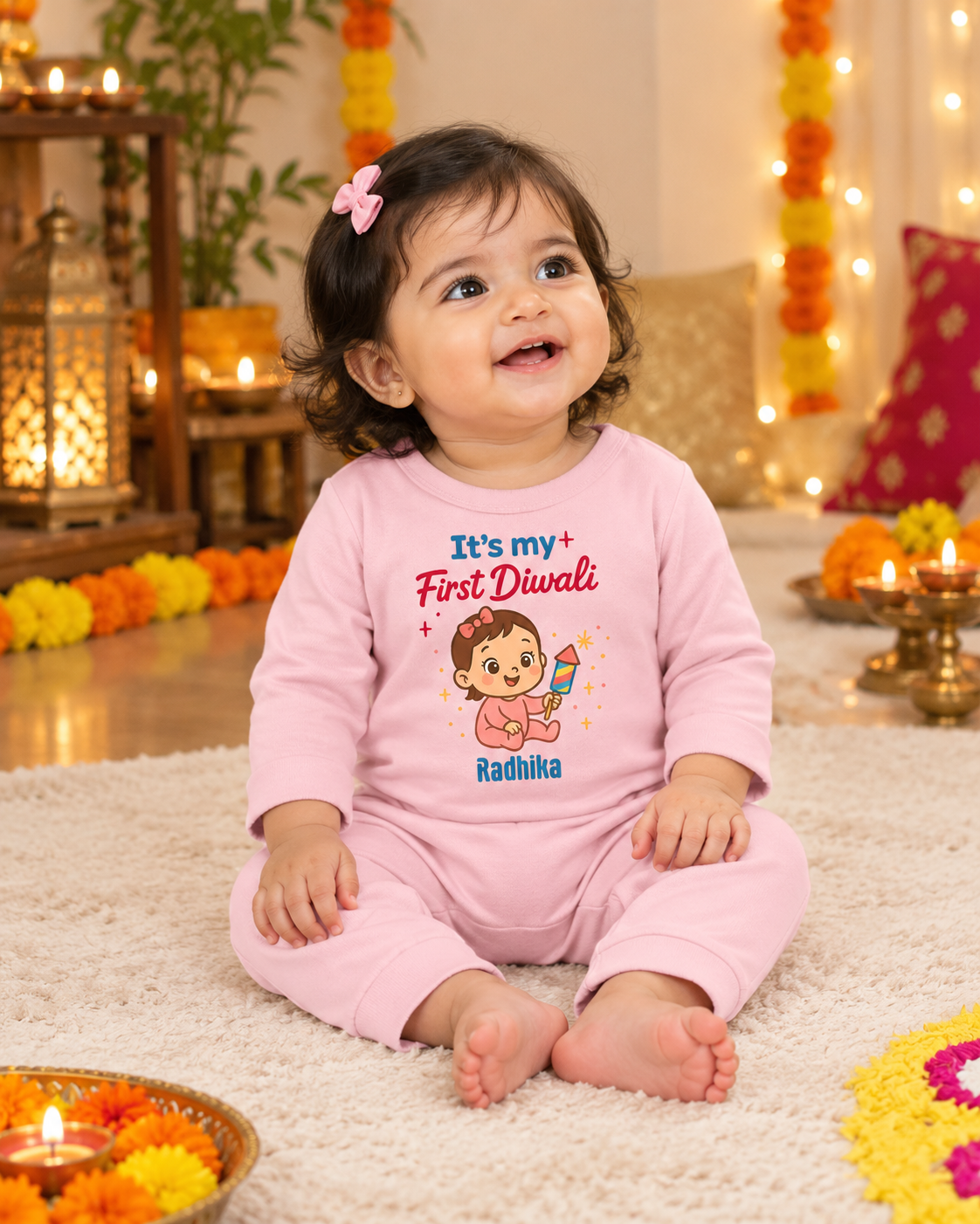 My First Diwali With Customized Baby Girl Name  _  Full Pink Romper