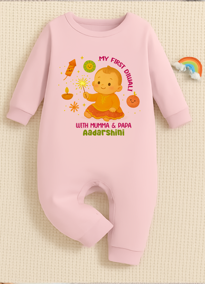 My First Diwali With Mumma & Papa Customized Baby Name _ Full Pink Romper