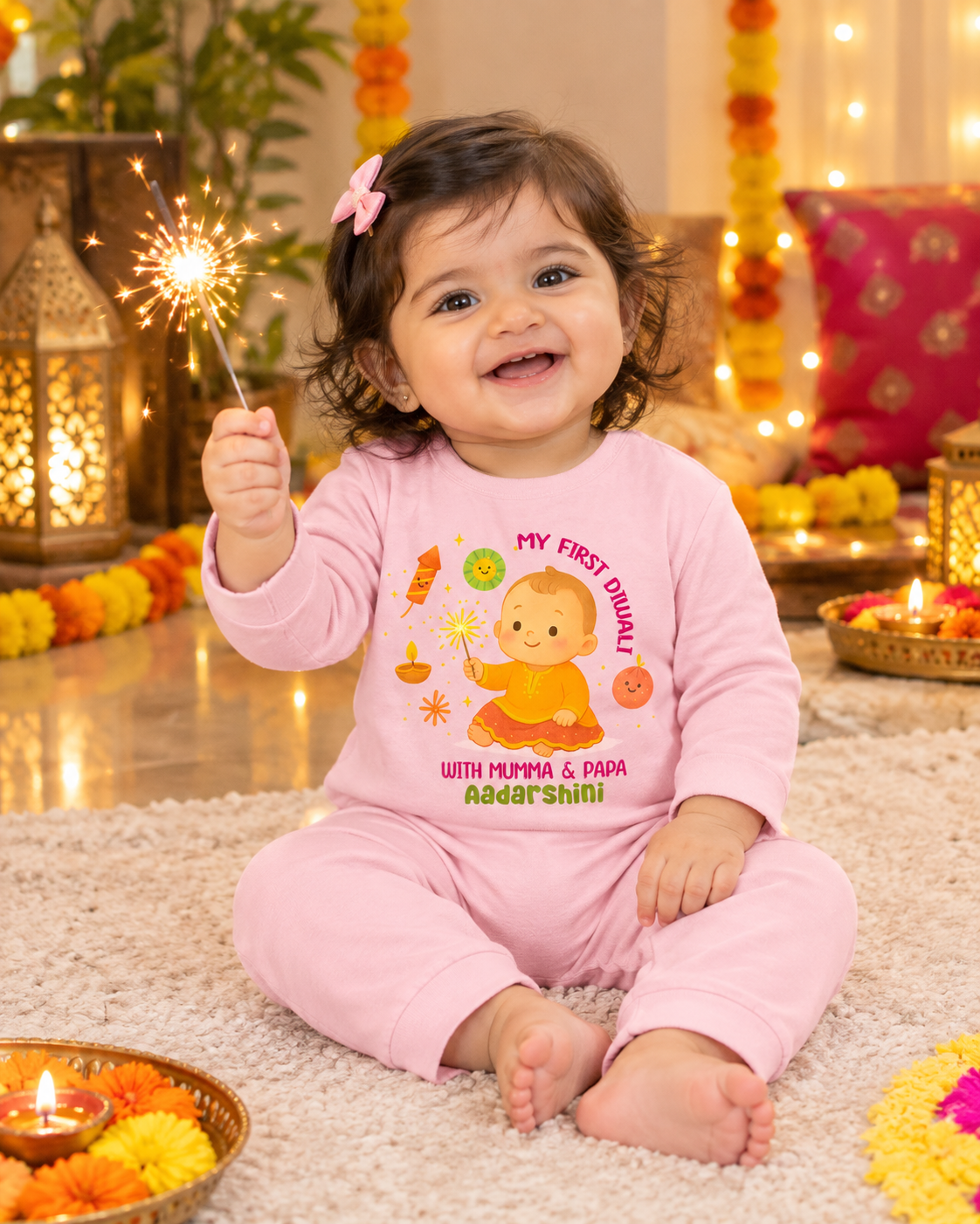 My First Diwali With Mumma & Papa Customized Baby Name _ Full Pink Romper