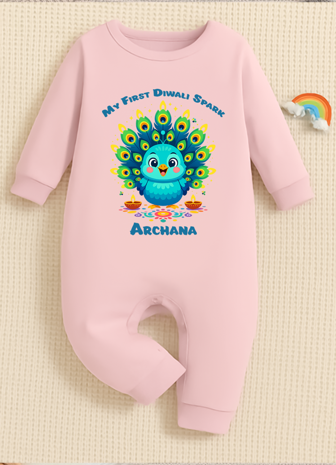 My First Diwali Spark With Customized Baby Name _ Full Pink Romper