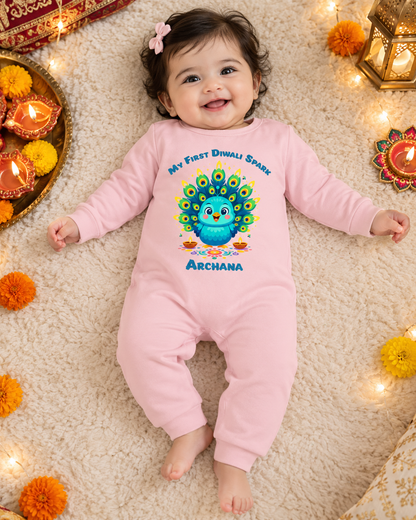 My First Diwali Spark With Customized Baby Name _ Full Pink Romper
