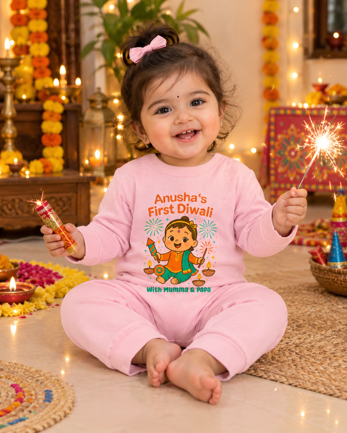 My First Diwali With Mumma & Papa With Customized Baby Girl Name _ Full Pink Romper
