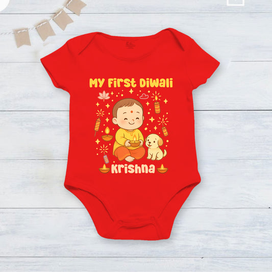 My First Diwali With Customized Baby Name _ Full White Onesie