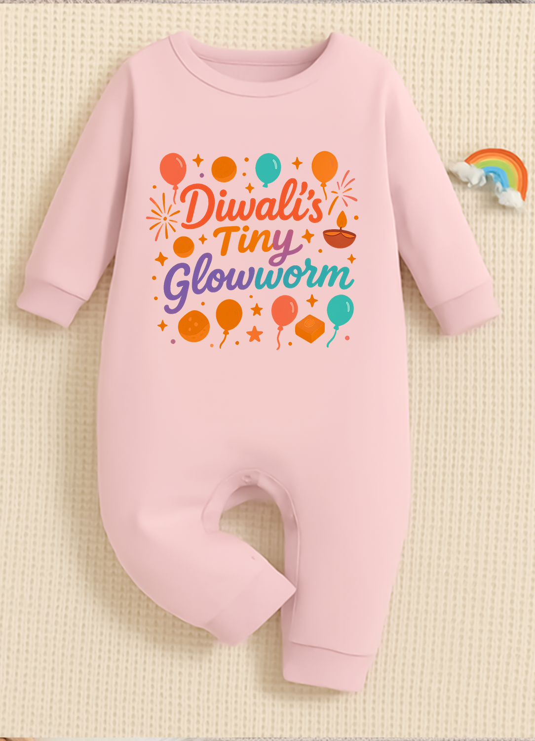Diwali's Tiny Glowworm With Customized Baby Name _ Full Pink Romper