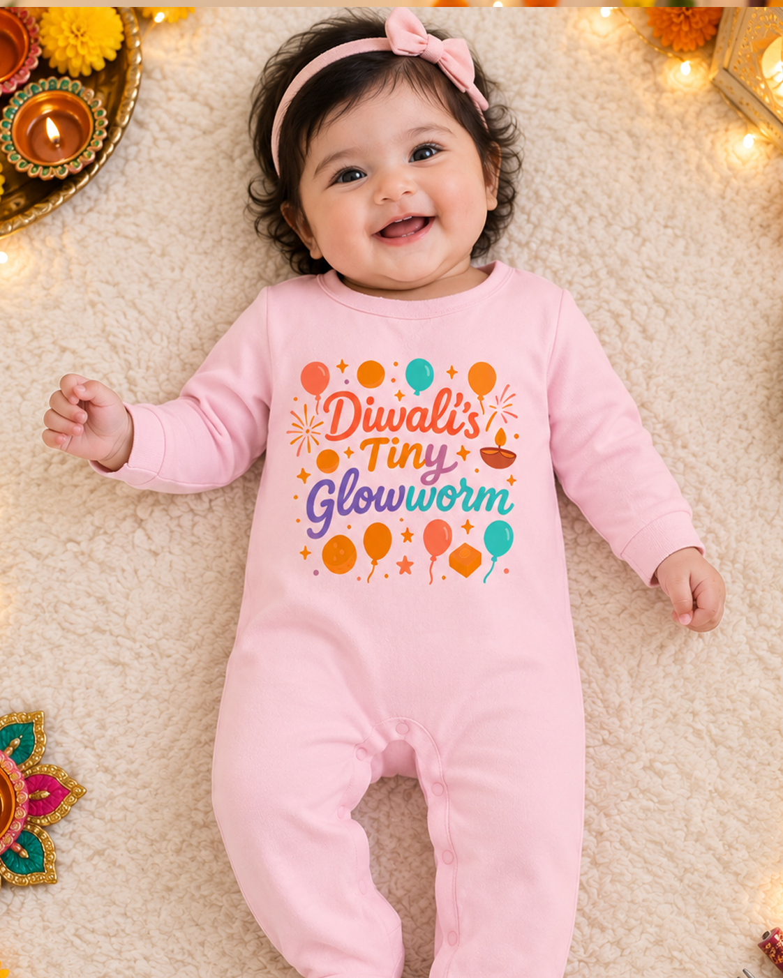 Diwali's Tiny Glowworm With Customized Baby Name _ Full Pink Romper