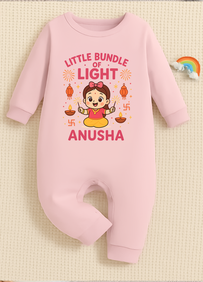 Little Bundle Of Light With Customized Baby Girl Name _ Full Pink Romper