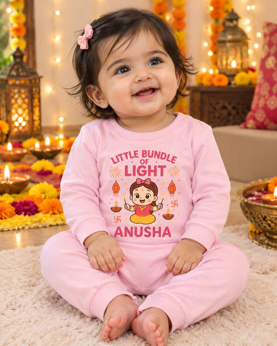 Little Bundle Of Light With Customized Baby Girl Name _ Full Pink Romper