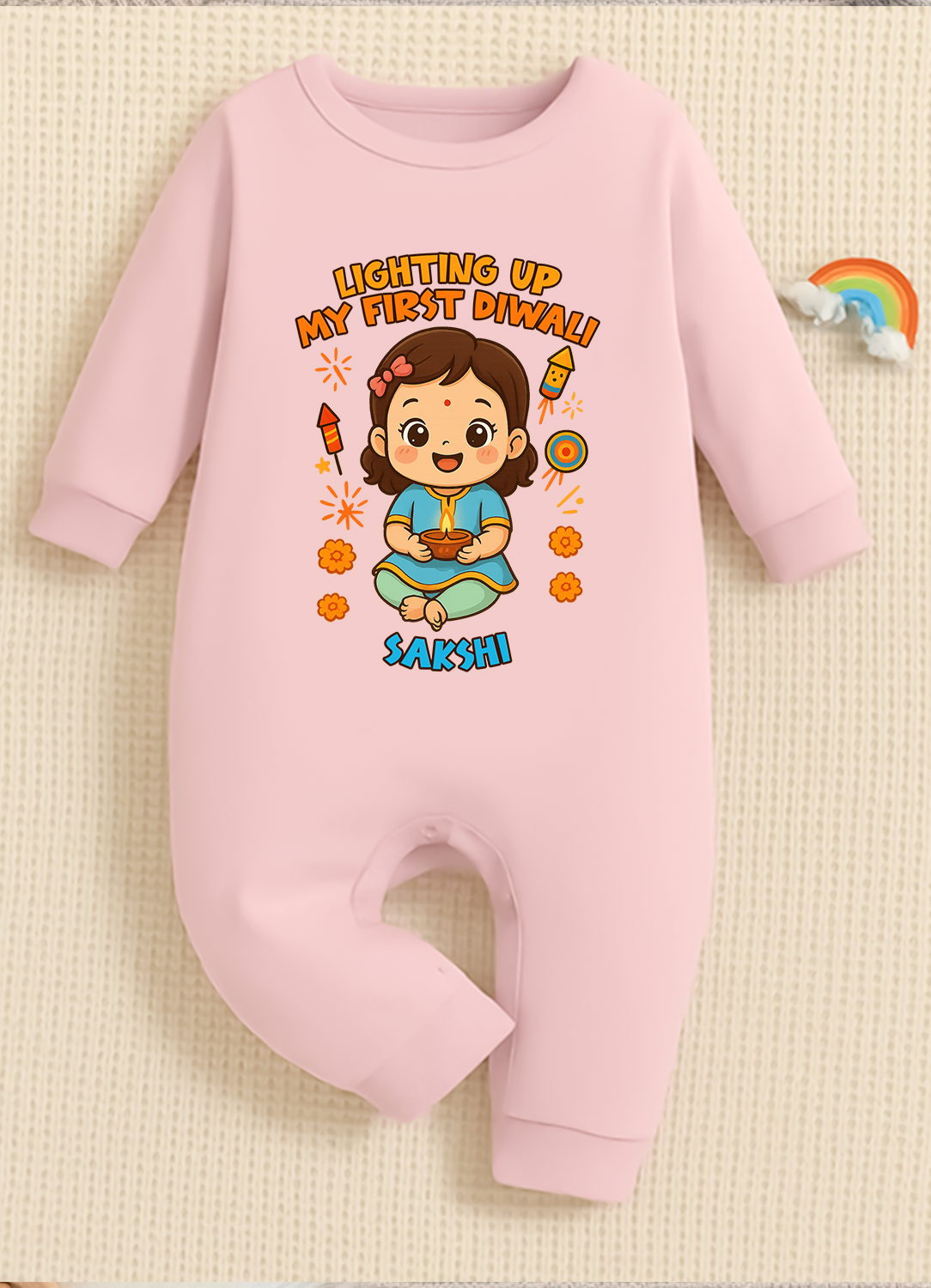 Lighting Up My First Diwali  With Customized Baby Girl Name _ Full Pink Romper