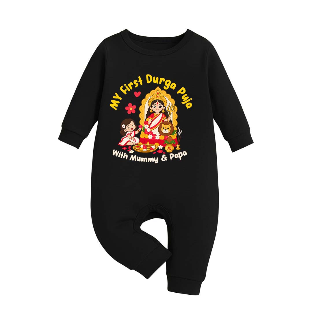 My First Durga Pooja With Mummy & Pappa  _ Full Black Romper