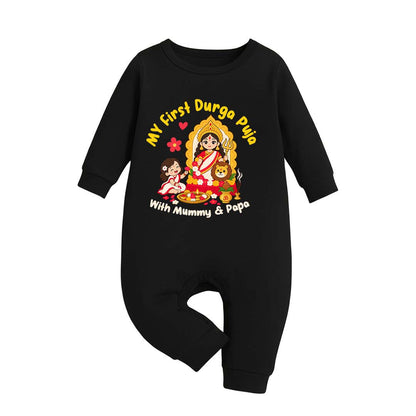 My First Durga Pooja With Mummy & Pappa  _ Full Black Romper