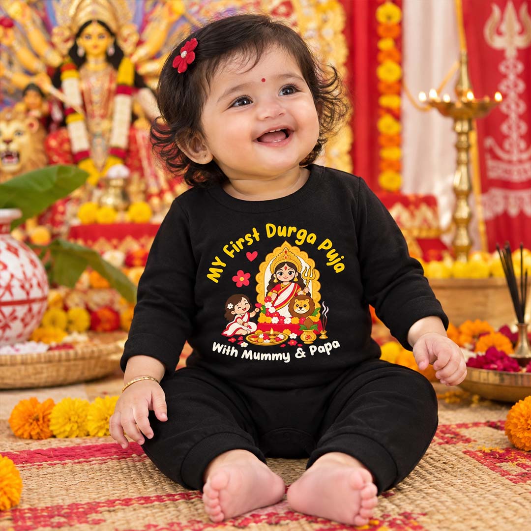 My First Durga Pooja With Mummy & Pappa  _ Full Black Romper
