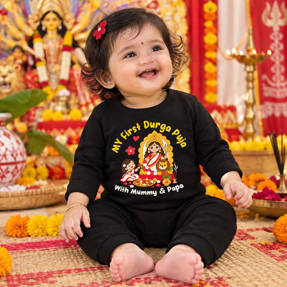 My First Durga Pooja With Mummy & Pappa  _ Full Black Romper