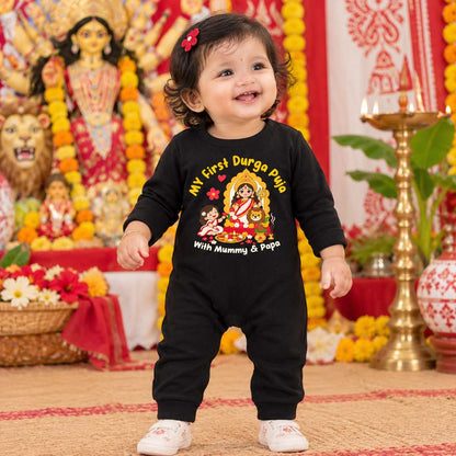 My First Durga Pooja With Mummy & Pappa  _ Full Black Romper
