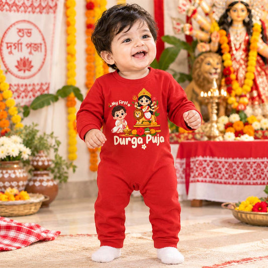 My First Durga Pooja _ Full Red Romper Baby Boy Design