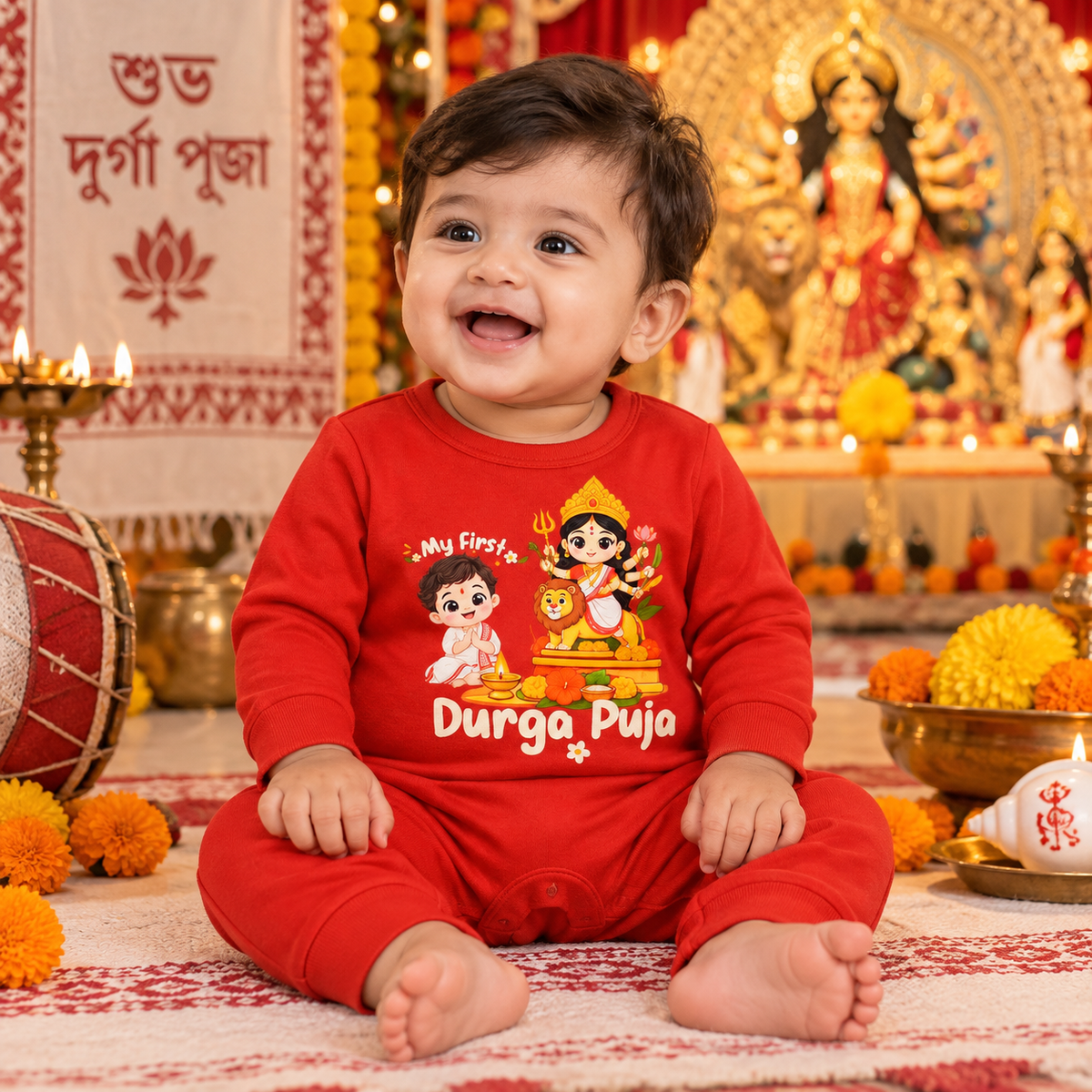 My First Durga Pooja _ Full Red Romper Baby Boy Design