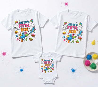 Matching My First Holi Family T-Shirts With Personalized Baby Name | Cotton Set