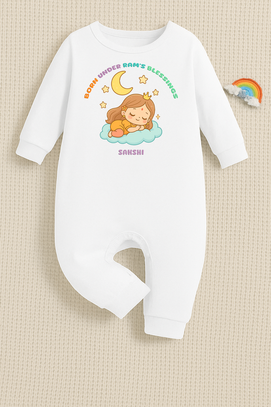 Born Under Ram's Blessings With Customized Baby Girl Name _ Full White Romper