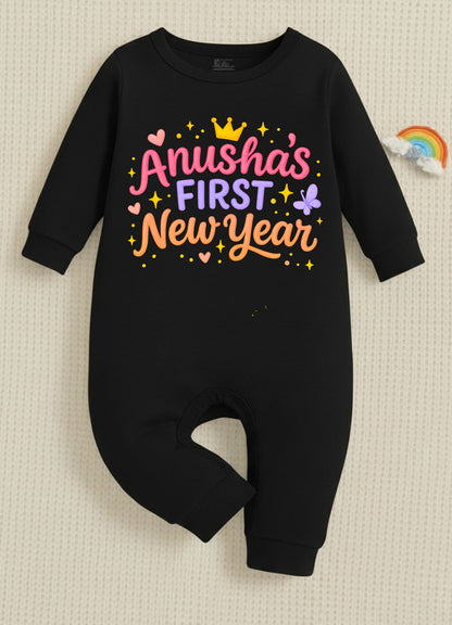 Anusha's First New Year With Customized Baby Name  _ Full Black Romper