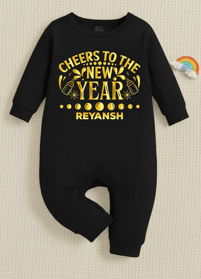 Cheers To The New Year  With Customized Baby Name  _  Full Black Romper
