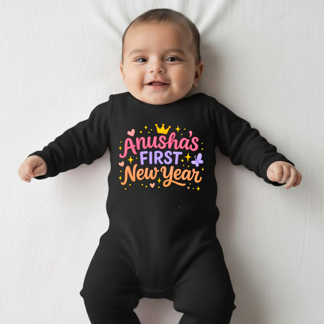 Anusha's First New Year With Customized Baby Name  _ Full Black Romper