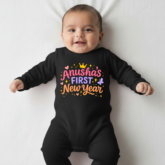 Anusha's First New Year With Customized Baby Name  _ Full Black Romper
