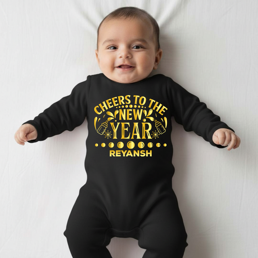 Cheers To The New Year  With Customized Baby Name  _  Full Black Romper