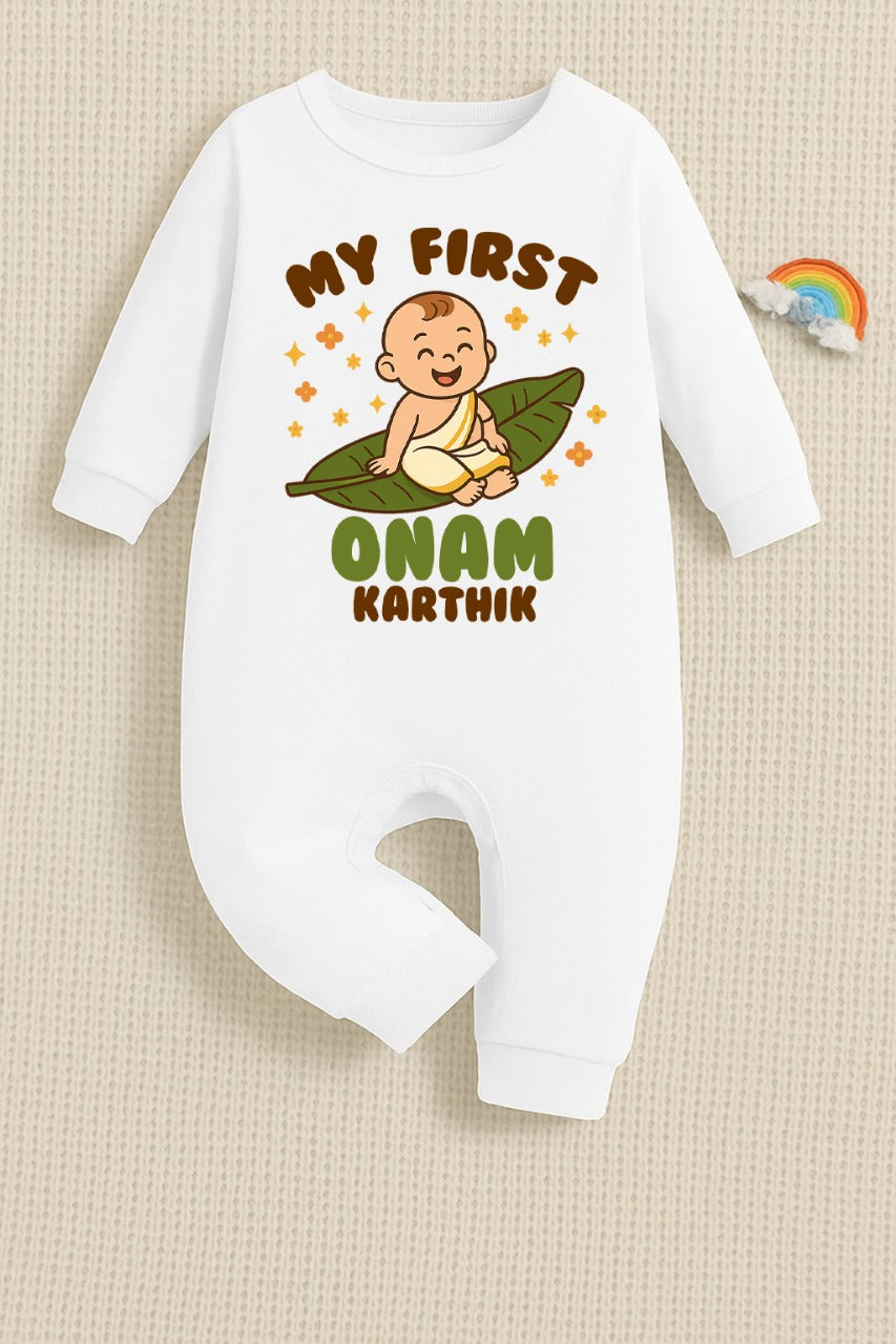 My First Onam for baby boy with customised name_ White Full Romper