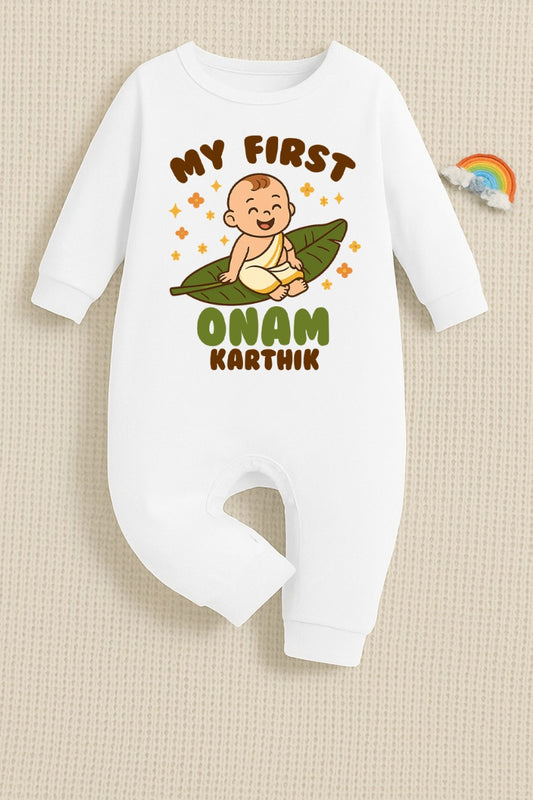 My First Onam for baby boy with customised name_ White Full Romper