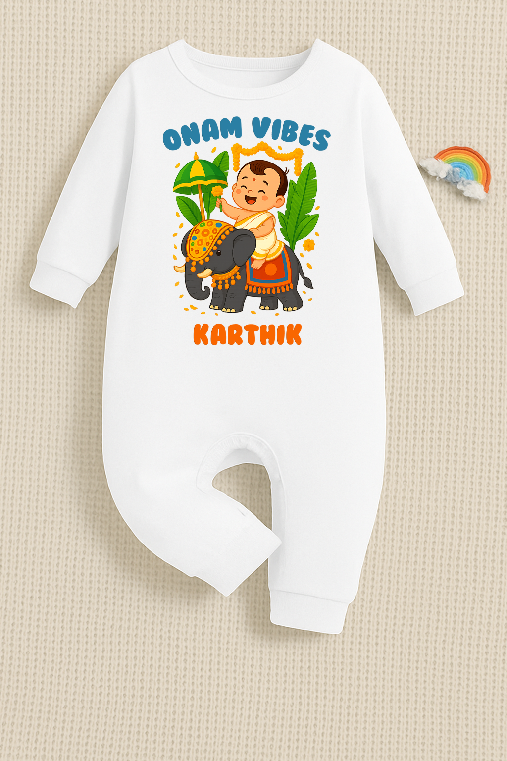 Onam Vibes with customised name_ White Full Romper