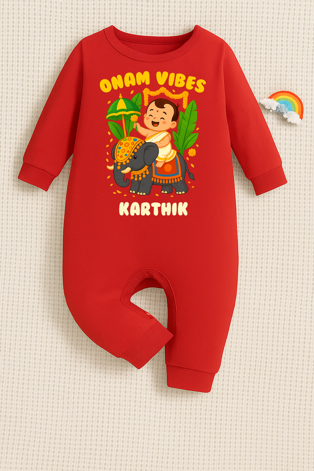 Onam Vibes with customised name_ Red Full Romper