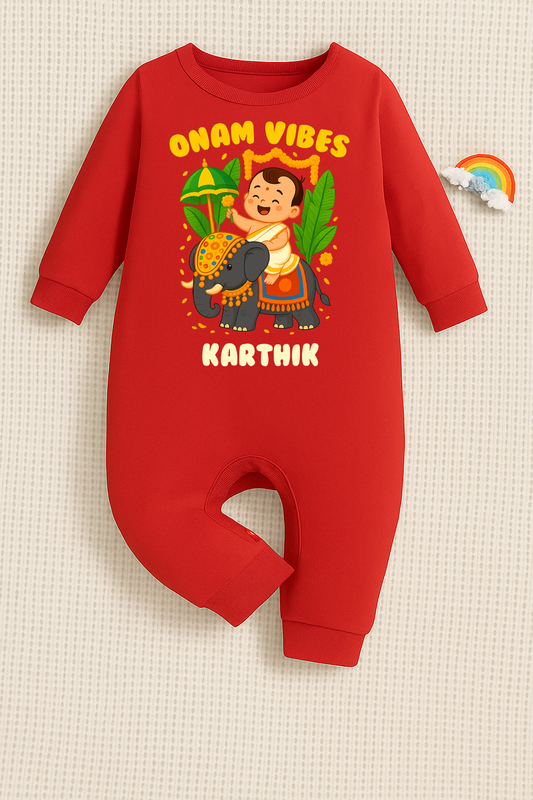 Onam Vibes with customised name_ Red Full Romper
