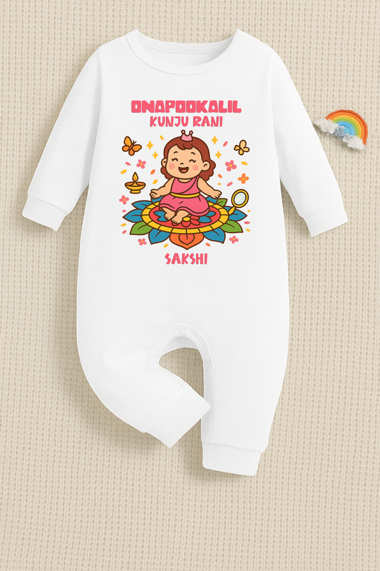 Little Queen Of Onam Flowers with customised name_ White Full Romper
