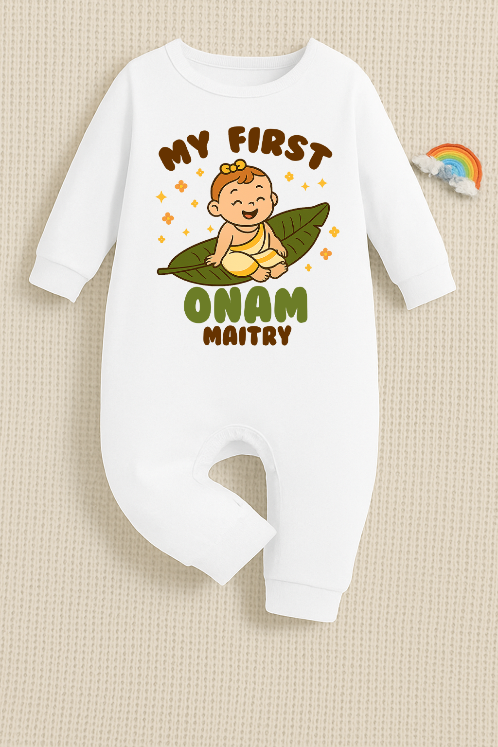 My First Onam for baby girl with customised name_ White Full Romper
