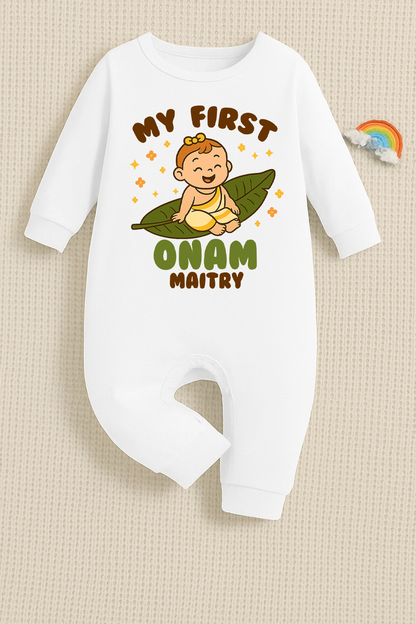 My First Onam for baby girl with customised name_ White Full Romper