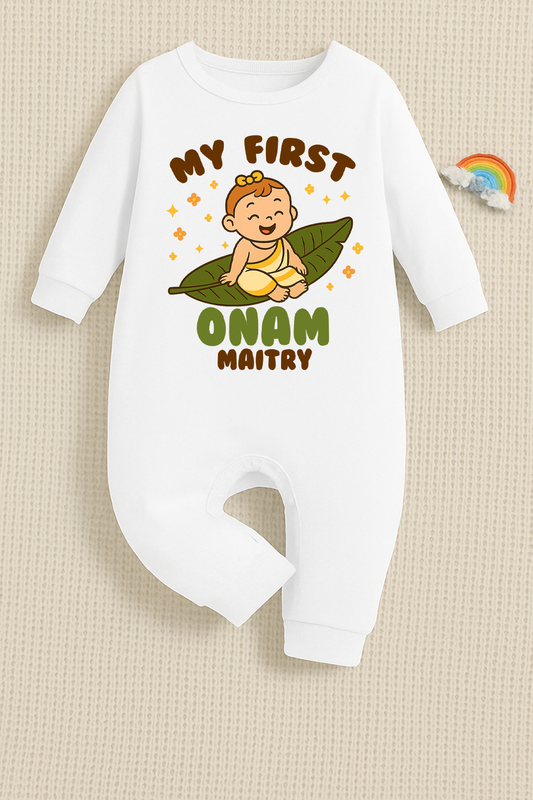 My First Onam for baby girl with customised name_ White Full Romper