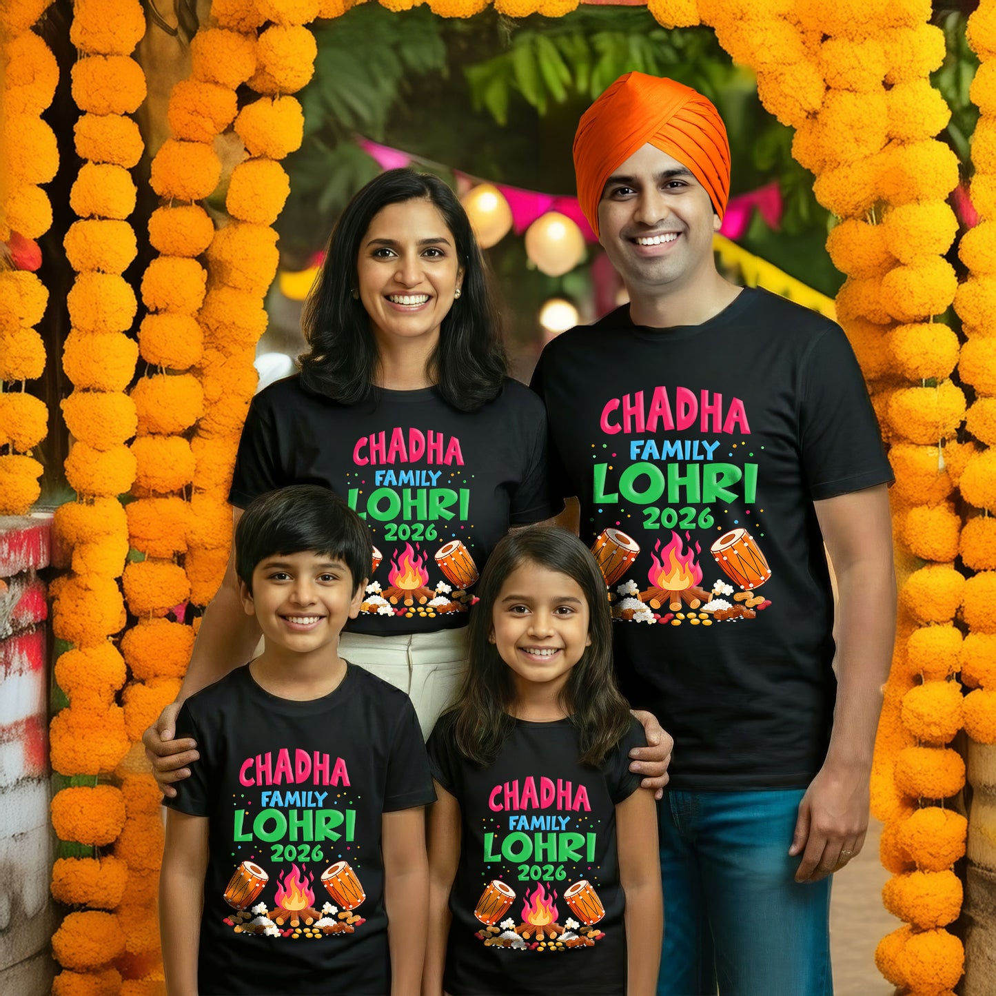 Family of four wearing matching 'Chadha Family Lohri 2026' shirts in front of decorative background.