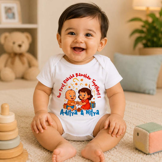 Our First Raksha Bandhan Together with customised baby name_ White romper