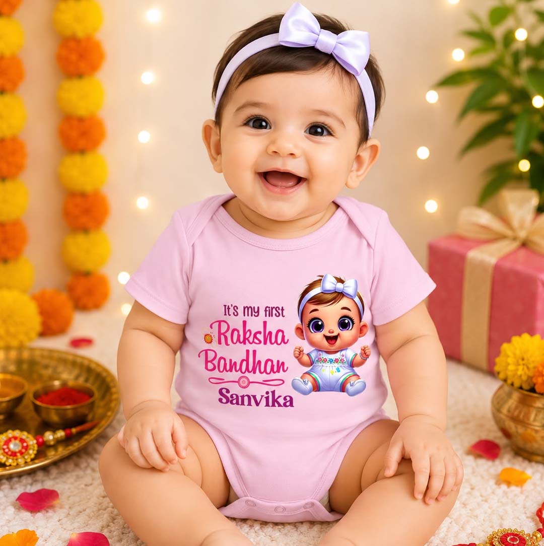 My First Raksha Bandhan with customised baby name_ pink romper