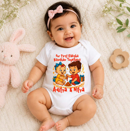 Our First Raksha Bandhan Together with customised baby name_ white romper