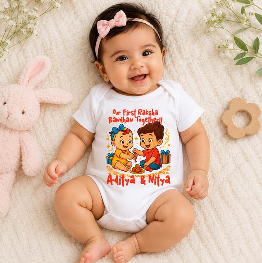 Our First Raksha Bandhan Together with customised baby name_ white romper