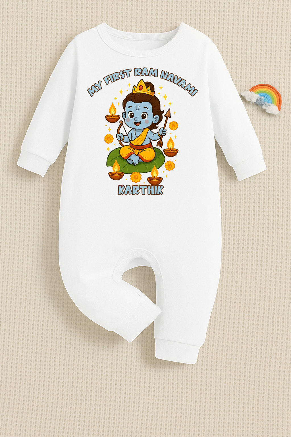 My First Ram Navami With Customized Baby Boy Name _ Full White Romper