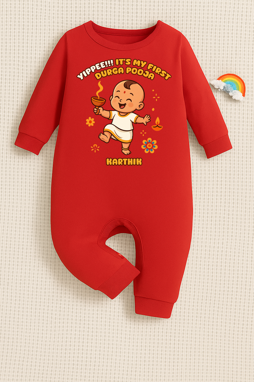 Yippee !! It's My First Durga Pooja  With Customized Name _ Full Red Romper