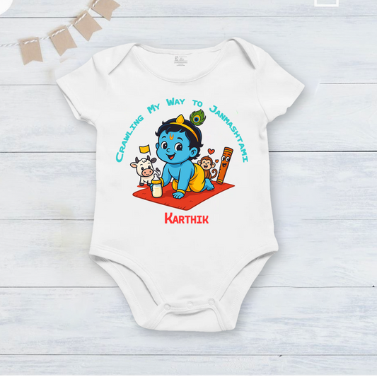Crawling My Way To Janmashtami with customised baby name _White Onesie