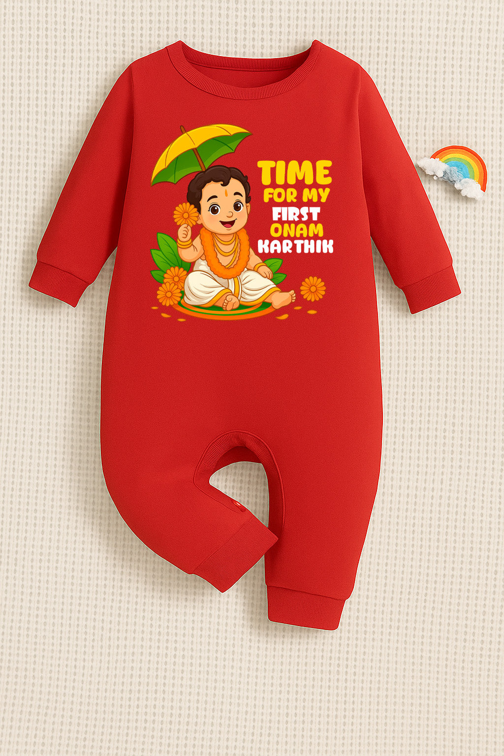Time For My First Onam With Customised Name_ Red Full Romper