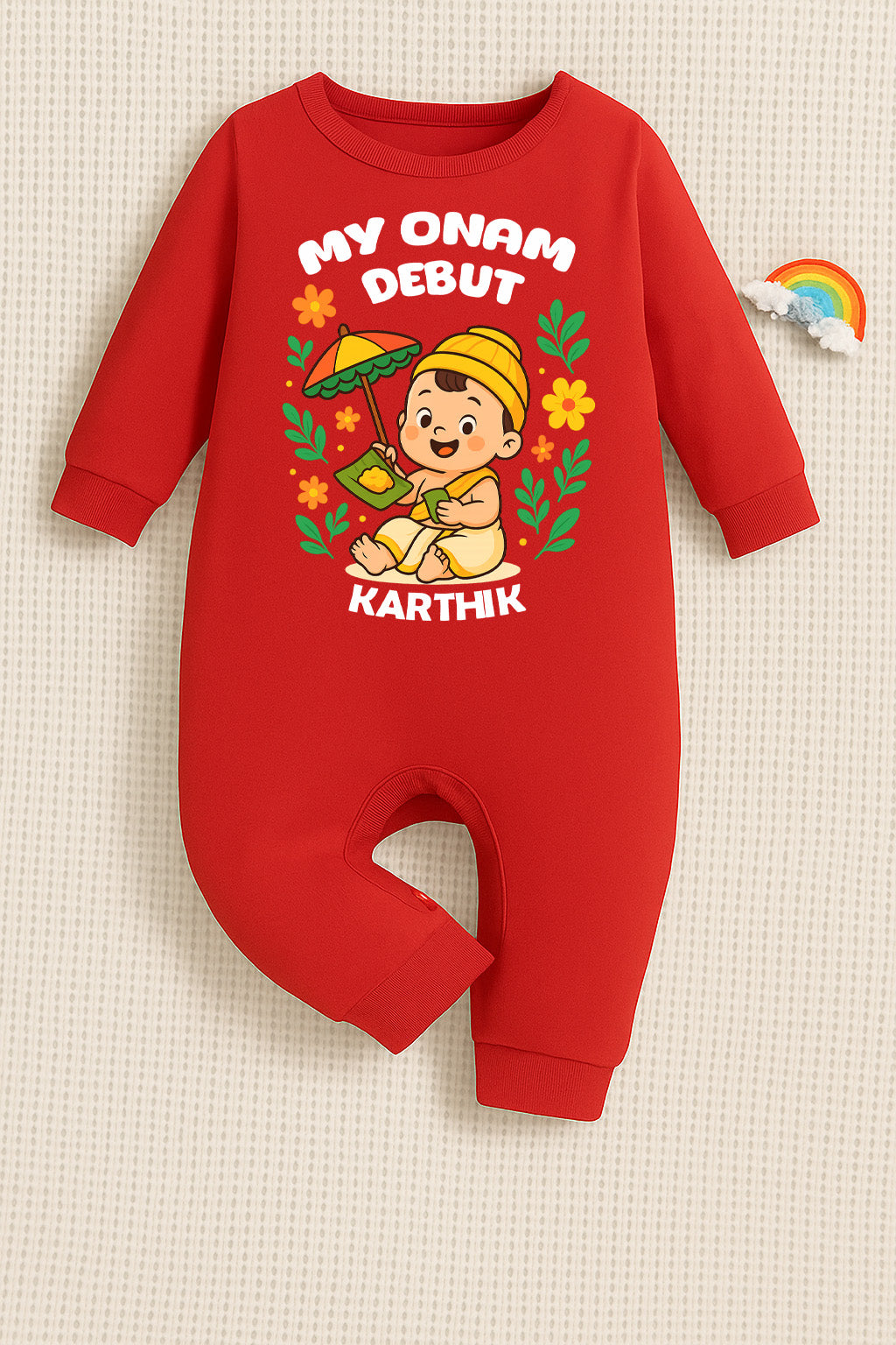 My First Onam Debut With Customised Name_ Red Full Romper