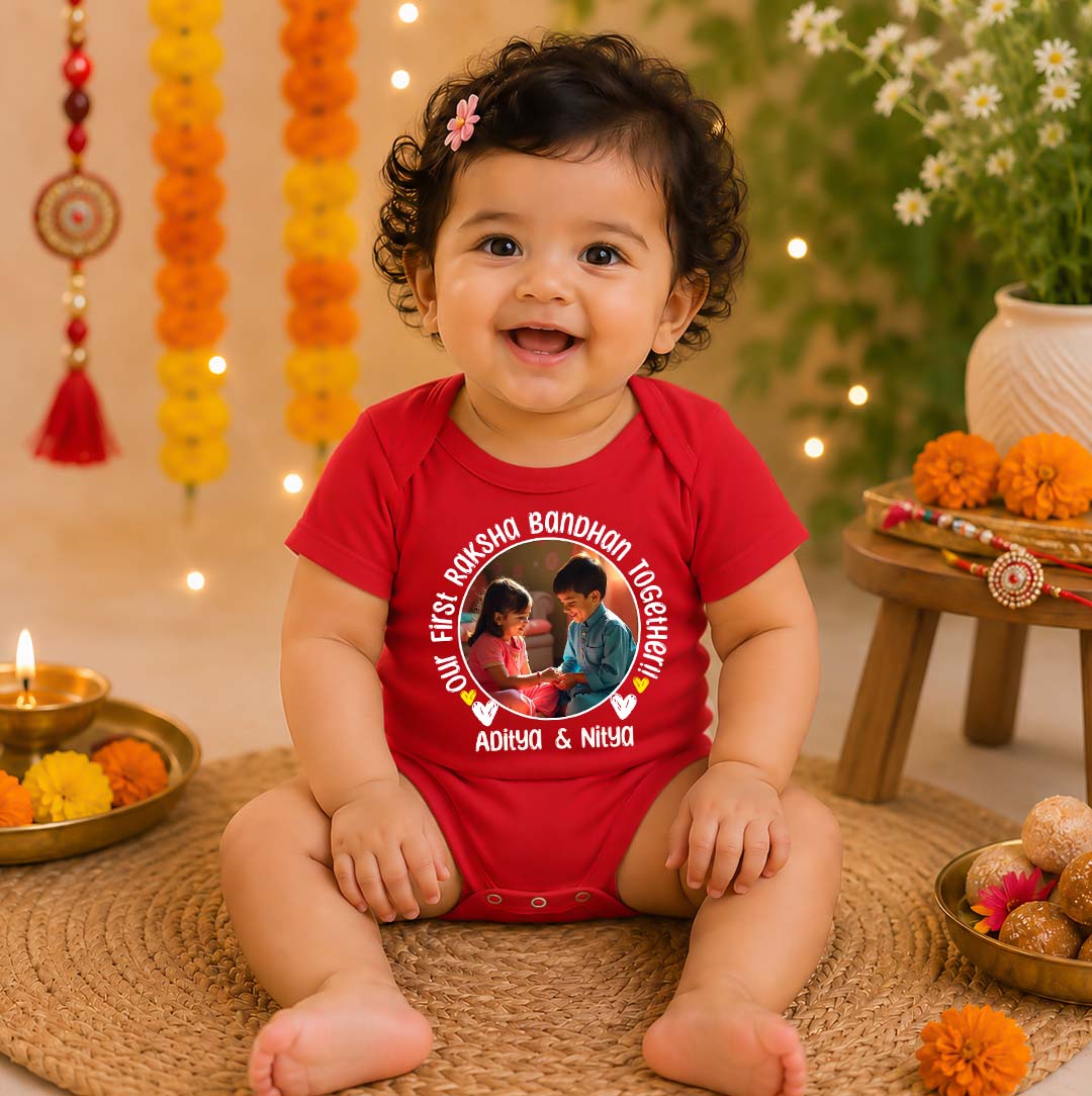 Our First RakshaBandhan together!! Red customised romper with photo and name