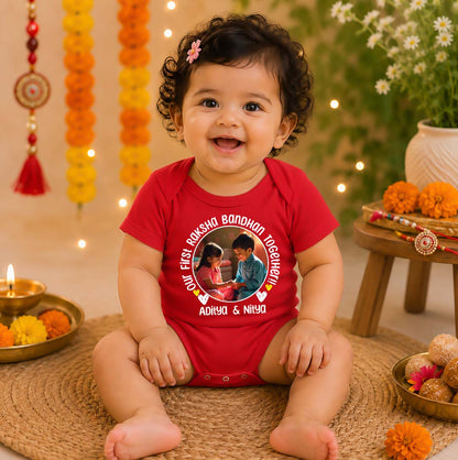 Our First RakshaBandhan together!! Red customised romper with photo and name