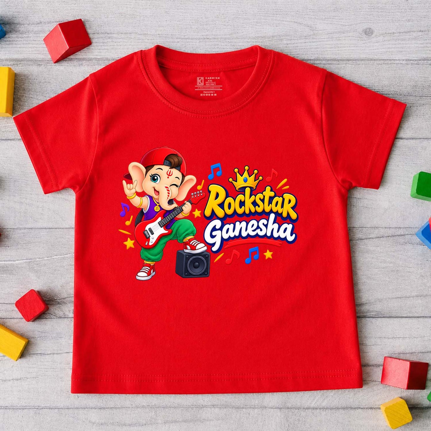 Rock Start Ganesha Kids T-Shirt | Ganpati Design Red T-Shirt